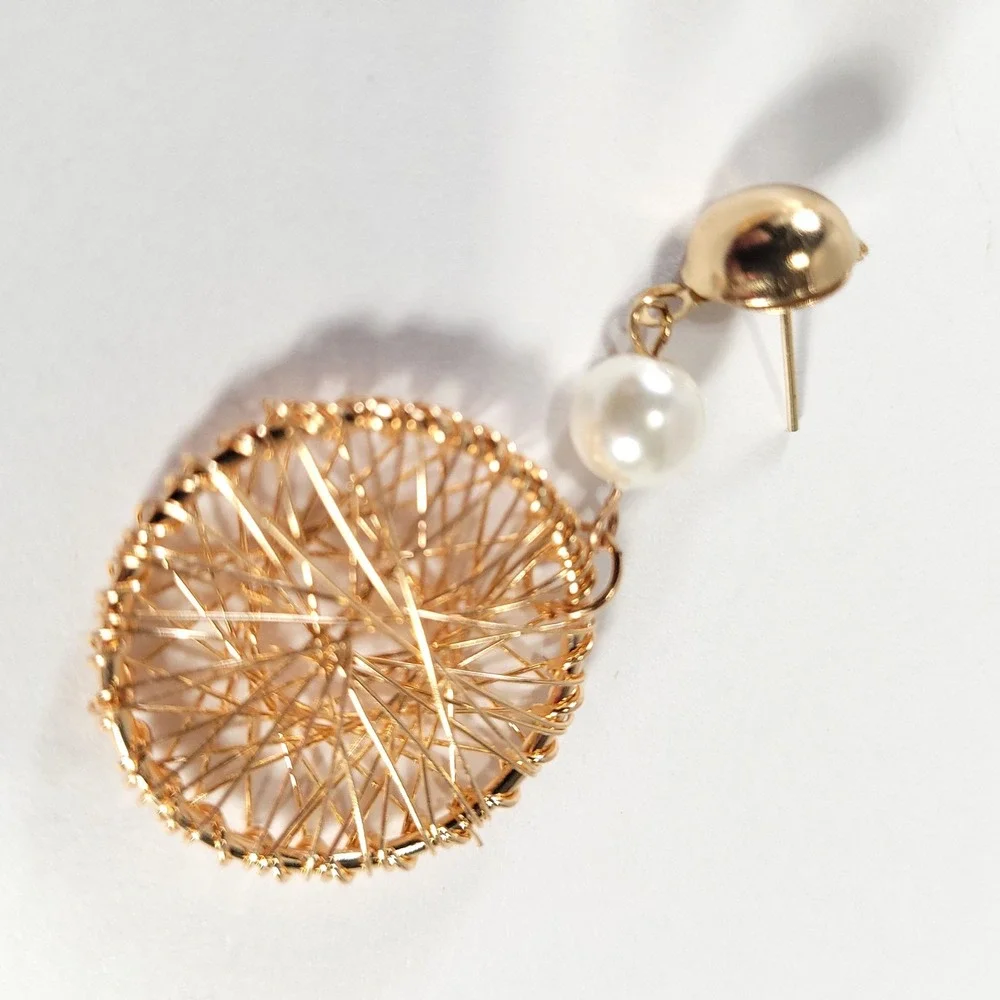 Wire Wrapped Nest Drop Earrings Women Gold Faux Pearl Round Dangle Studs